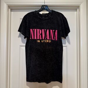 New! NIRVANA Black Cotton Tee Pink Logo Beautiful Graphic on Back Women’s Size S
